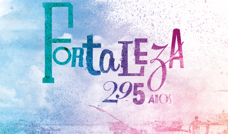 arte sobre o aniversário de Fortaleza 295 anos a. A imagem traz um fundo degradê de rosa e azul e as palavras Fortaleza 